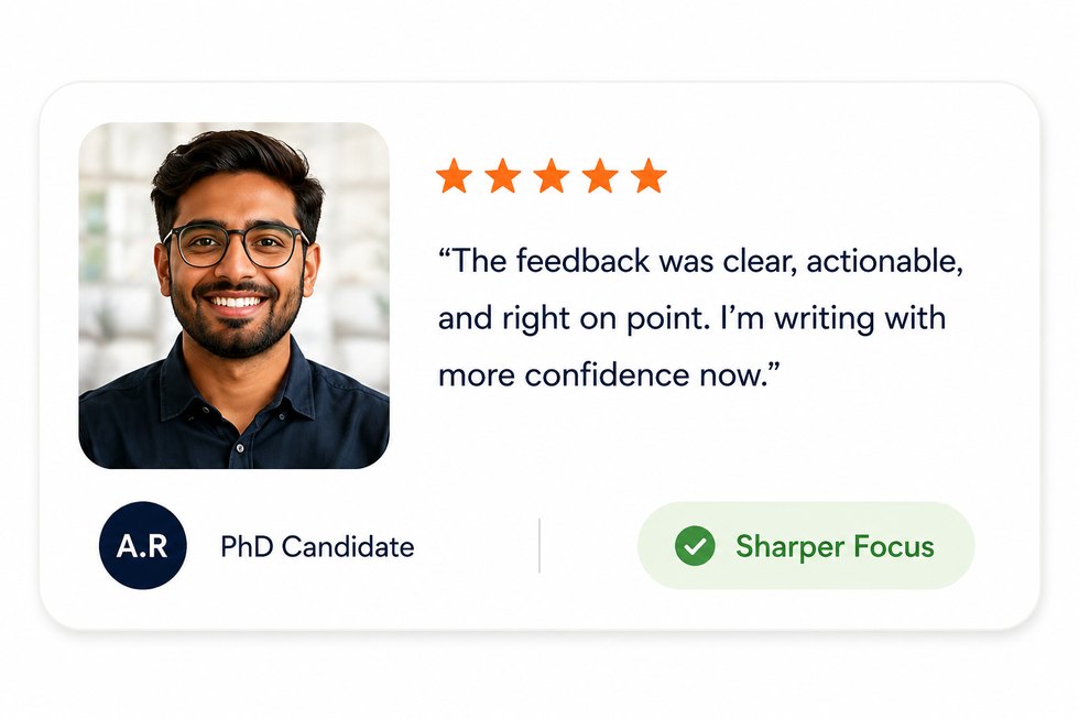 PhD candidate testimonial card highlighting clearer, actionable feedback and sharper focus
