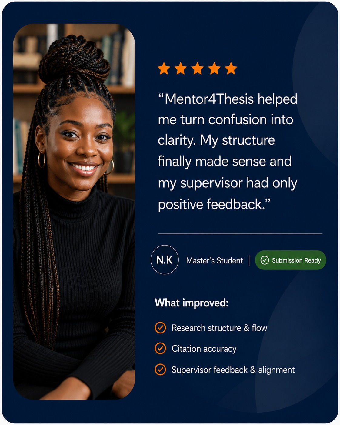 Featured Mentor4Thesis student testimonial card showing improved clarity, structure, citation accuracy, and supervisor-feedback alignment